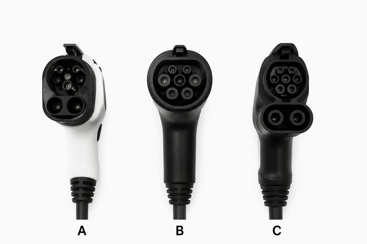 Three EV charging connector types side by side labeled A B C for comparison: GB/T, Type 2, and CCS, white background