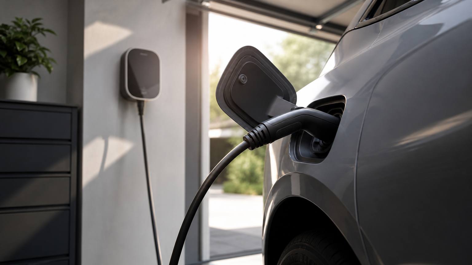 Wall-mounted charger in residential garage