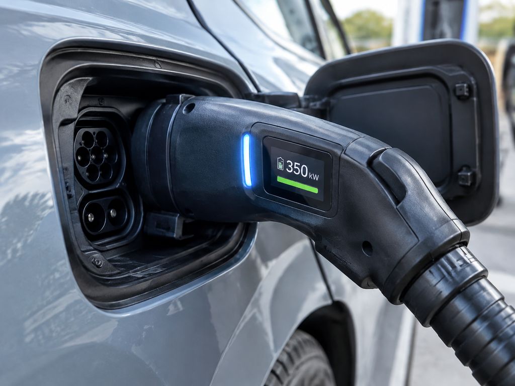 CCS2 connector plugged into an EV charging port with 350 kW charging rate shown on display