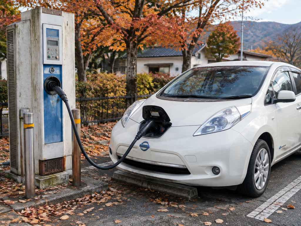 Older CHAdeMO DC fast charging station with white Nissan Leaf in Japan autumn